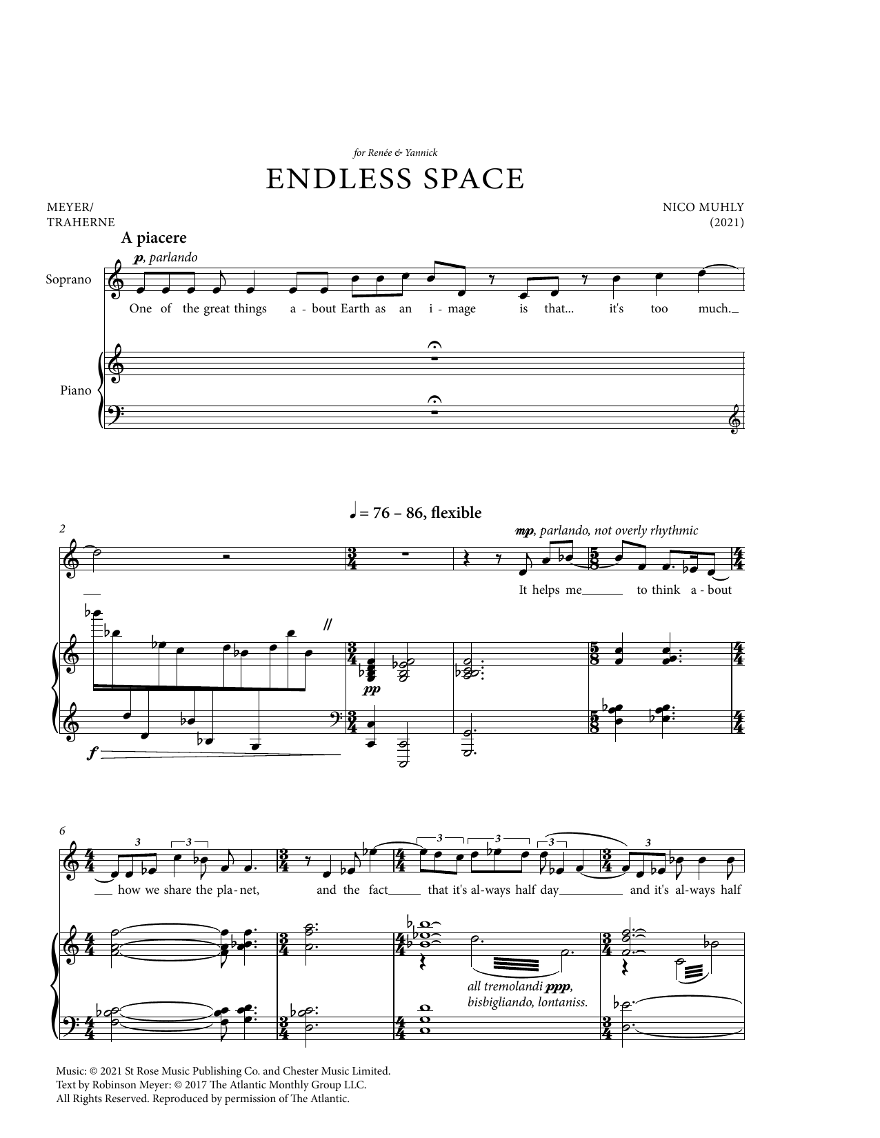Nico Muhly Endless Space sheet music notes and chords arranged for Piano & Vocal
