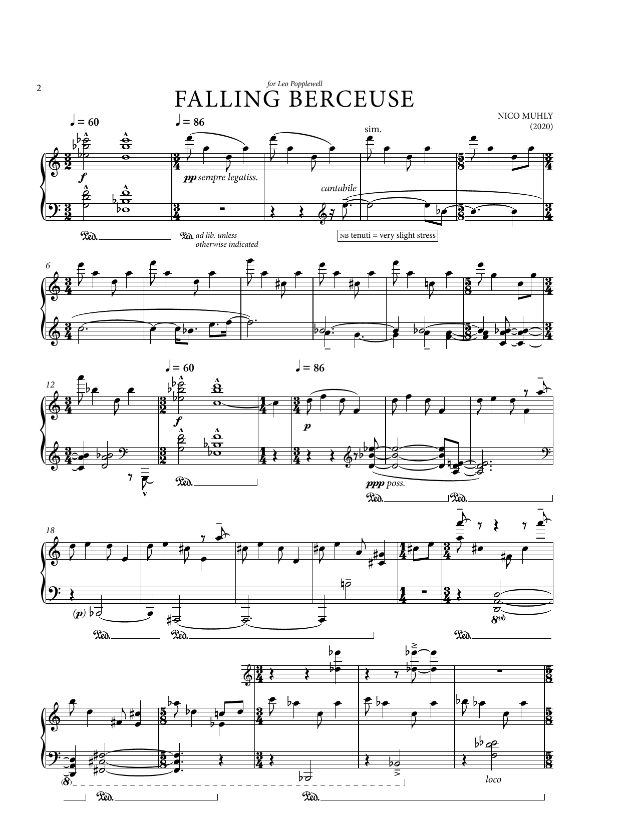 Nico Muhly Falling Berceuse sheet music notes and chords arranged for Piano Solo
