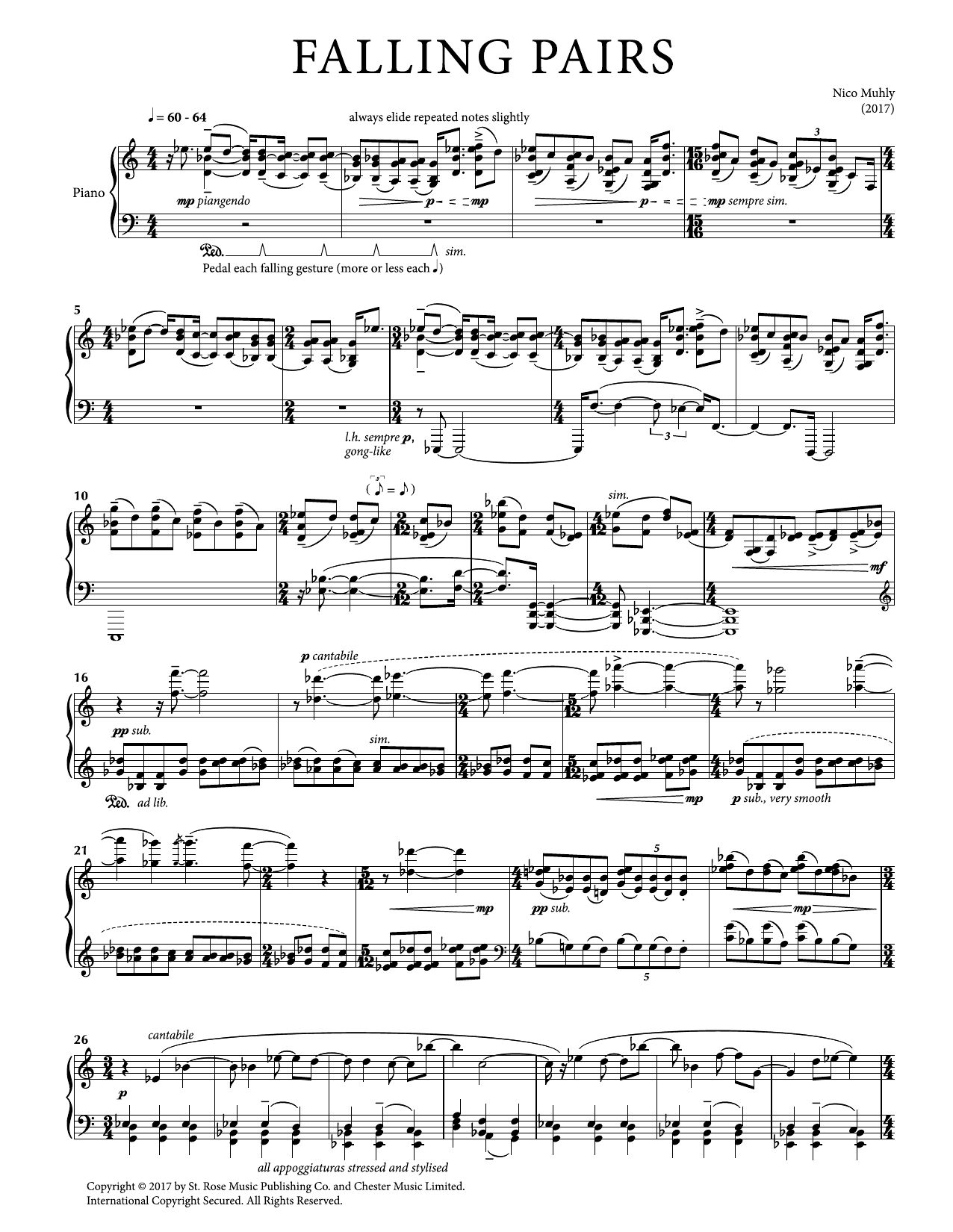 Nico Muhly Falling Pairs sheet music notes and chords arranged for Piano Solo