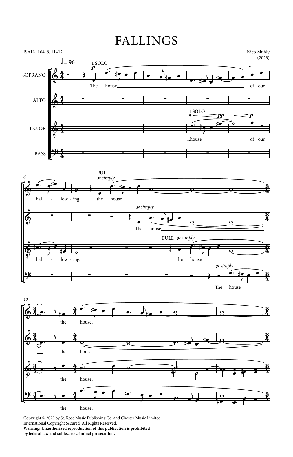 Nico Muhly Fallings sheet music notes and chords arranged for SATB Choir