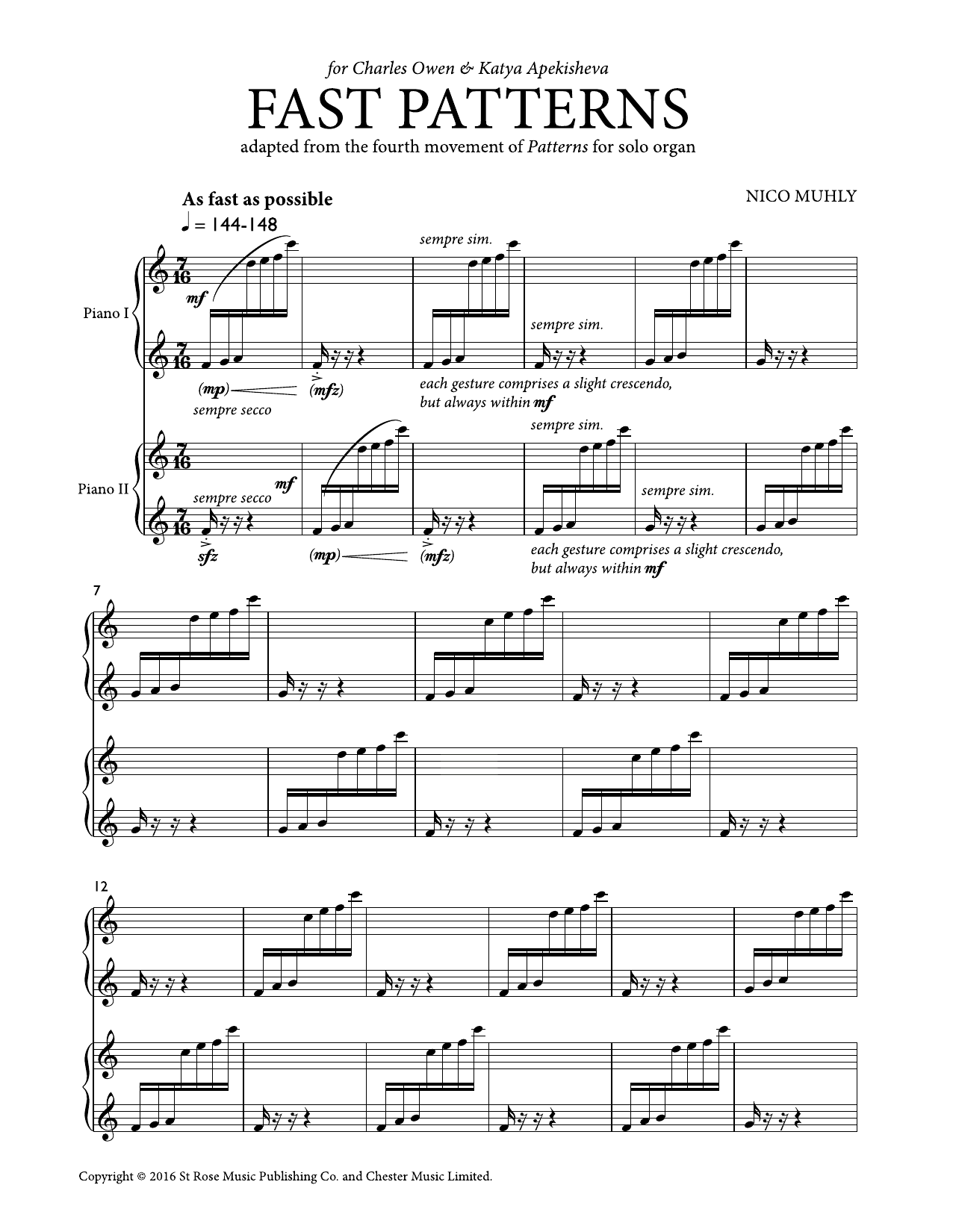 Nico Muhly Fast Patterns sheet music notes and chords arranged for Piano Duet
