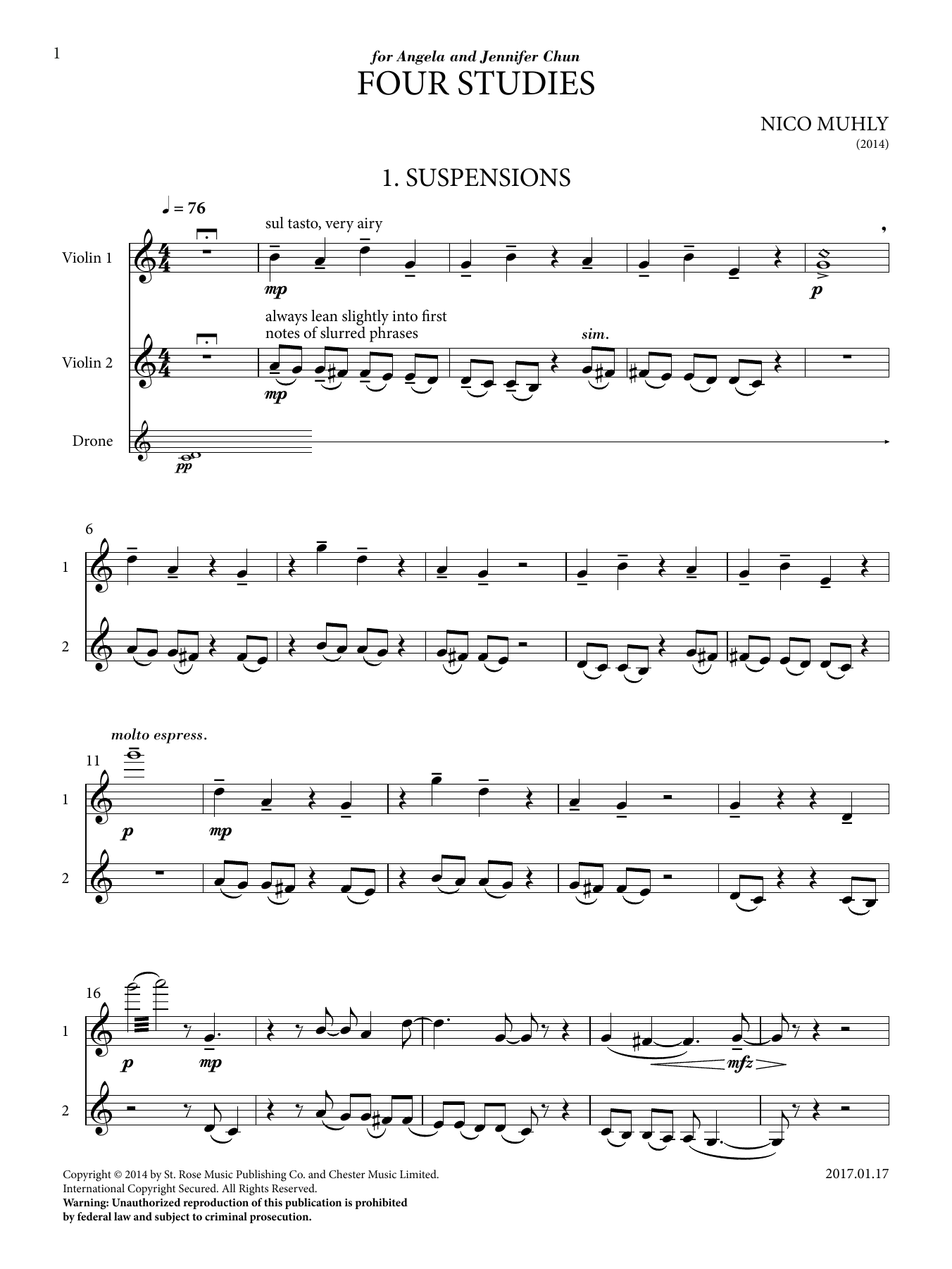 Nico Muhly Four Studies sheet music notes and chords arranged for Violin Solo