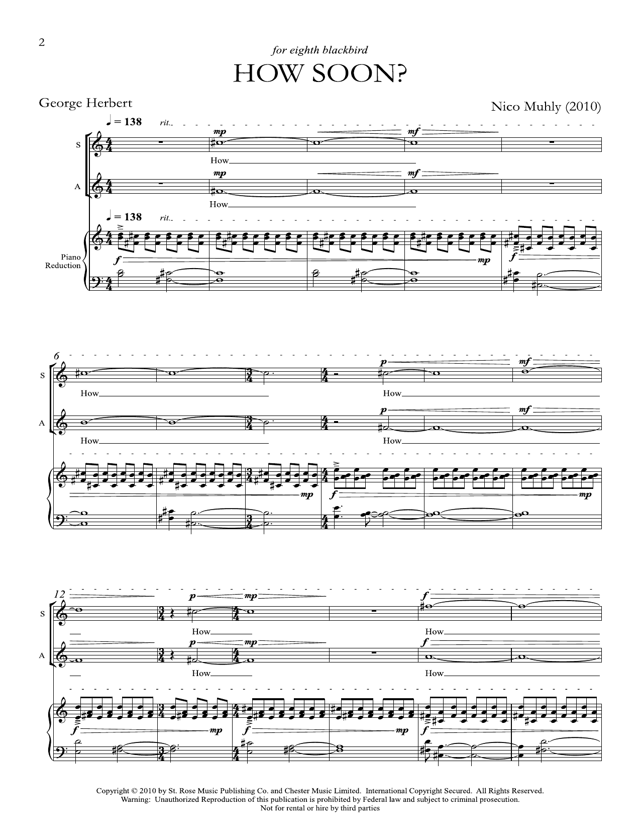 Nico Muhly How Soon? sheet music notes and chords arranged for SSAA Choir