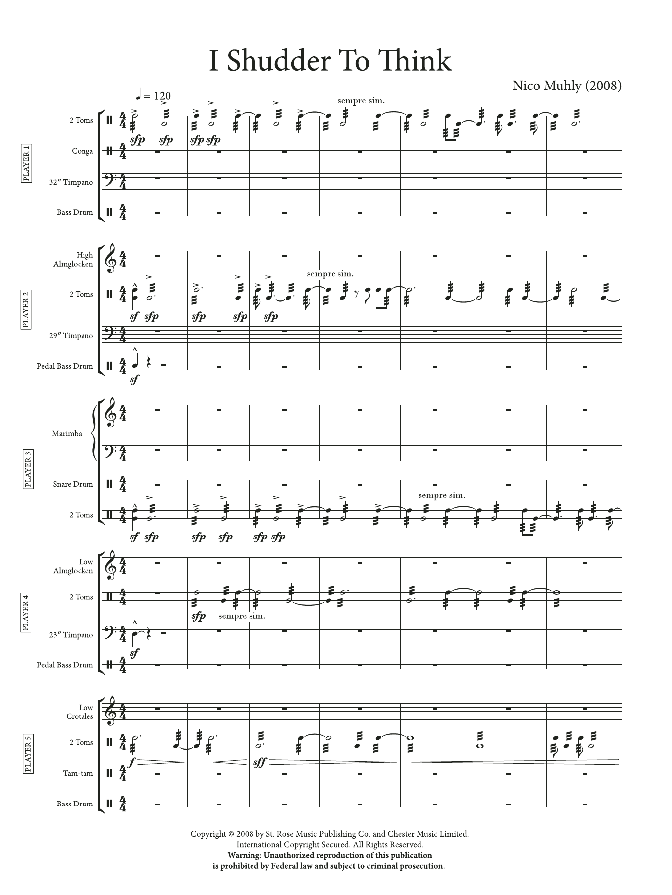 Nico Muhly I Shudder To Think (Score and Parts) sheet music notes and chords arranged for Percussion Ensemble