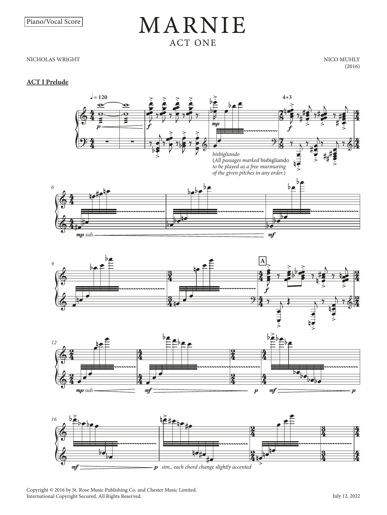 Nico Muhly Marnie (Vocal Score) sheet music notes and chords arranged for Piano & Vocal