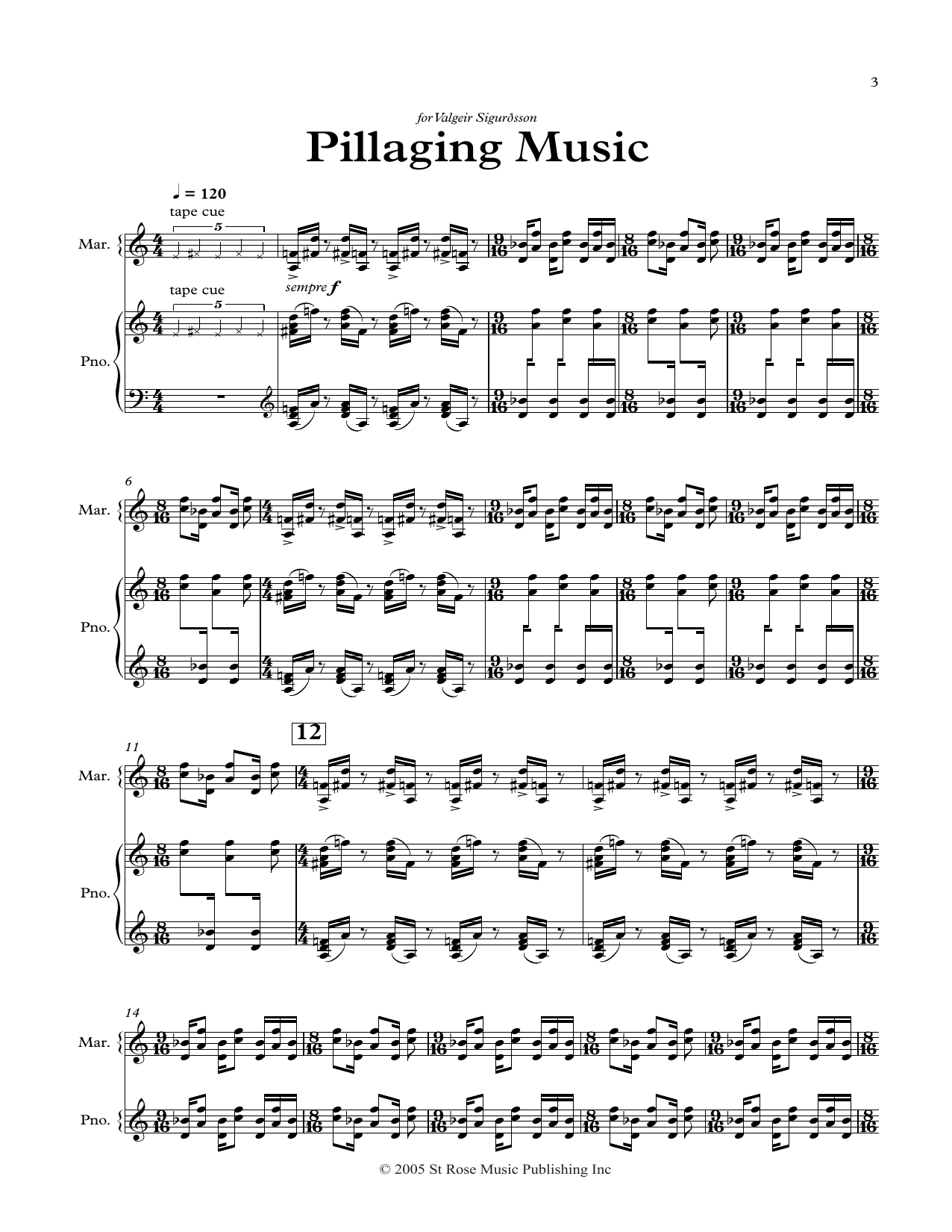 Nico Muhly Pillaging Music (Marimba) sheet music notes and chords arranged for Percussion Solo