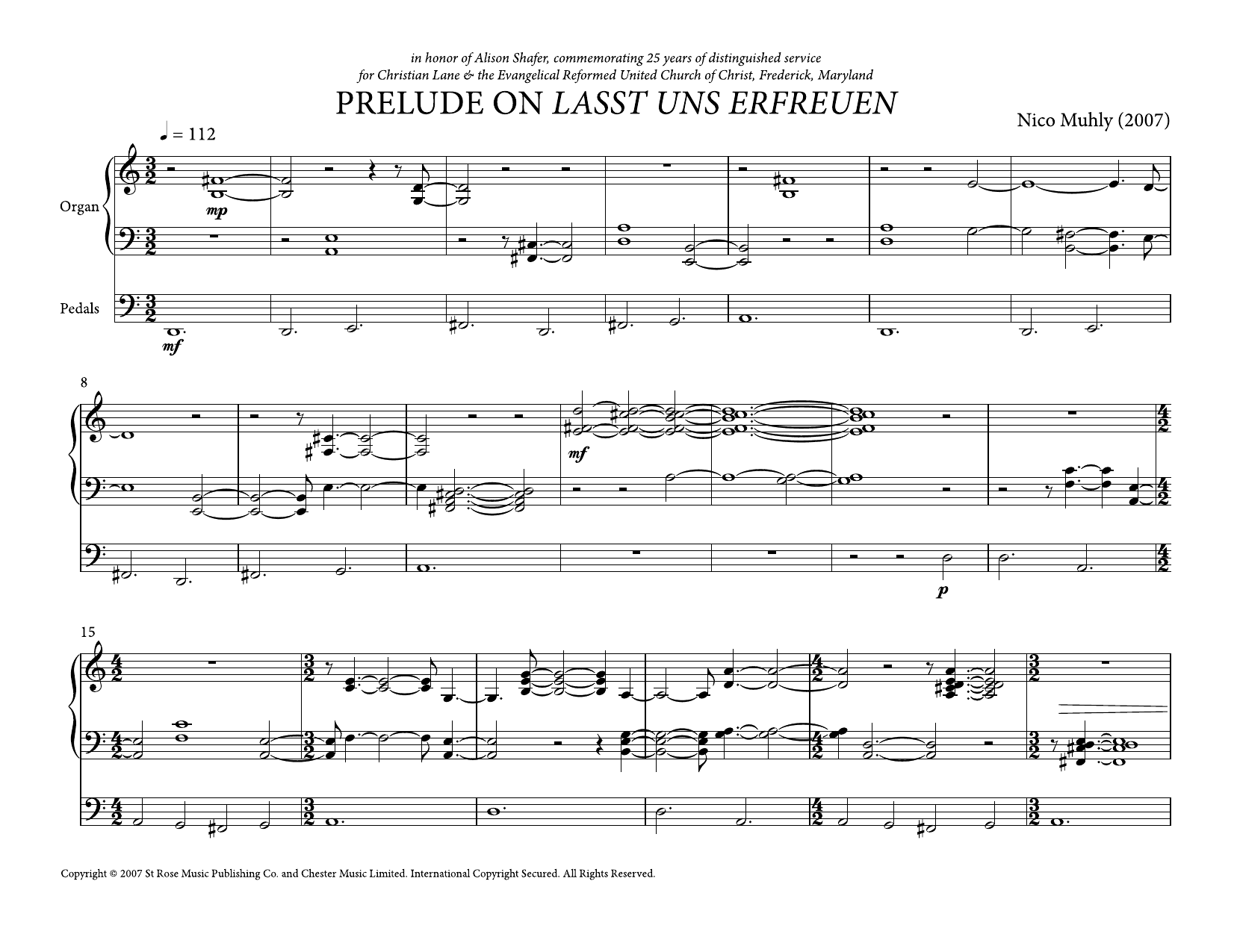 Nico Muhly Prelude On Lasst Uns Erfreuen sheet music notes and chords arranged for Organ