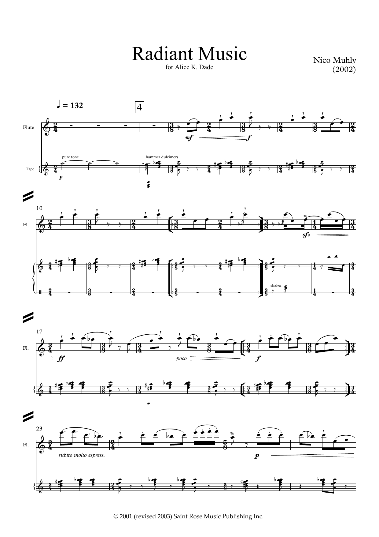 Nico Muhly Radiant Music (for flute and electronics) sheet music notes and chords arranged for Flute Solo