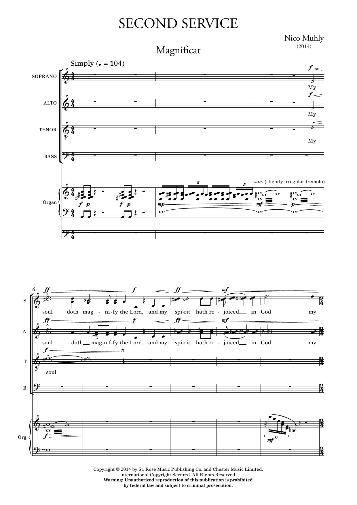 Nico Muhly Second Service (Magnificat and Nunc Dimittis) sheet music notes and chords arranged for SATB Choir