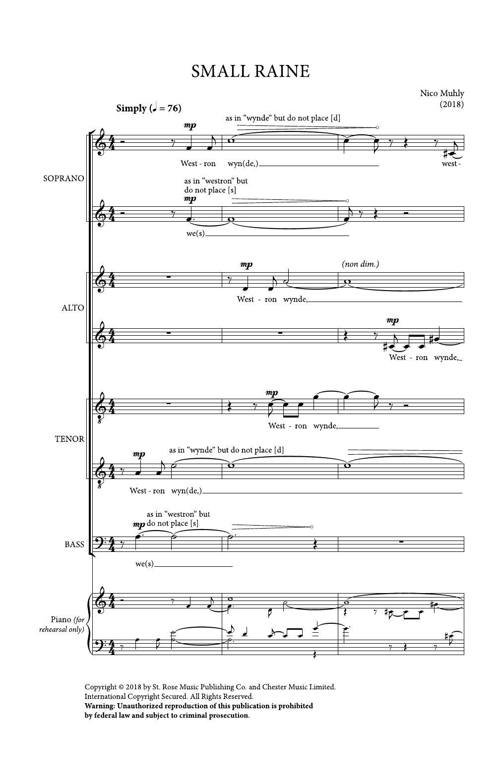 Nico Muhly Small Raine sheet music notes and chords arranged for SATB Choir