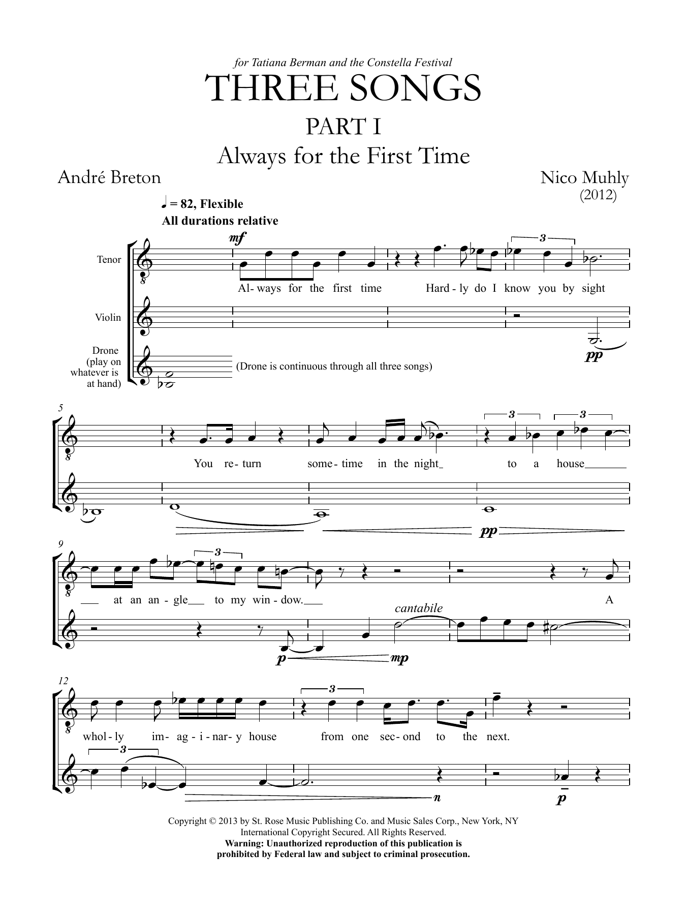 Nico Muhly Three Songs for Tenor, Violin and Drone sheet music notes and chords arranged for Violin Solo
