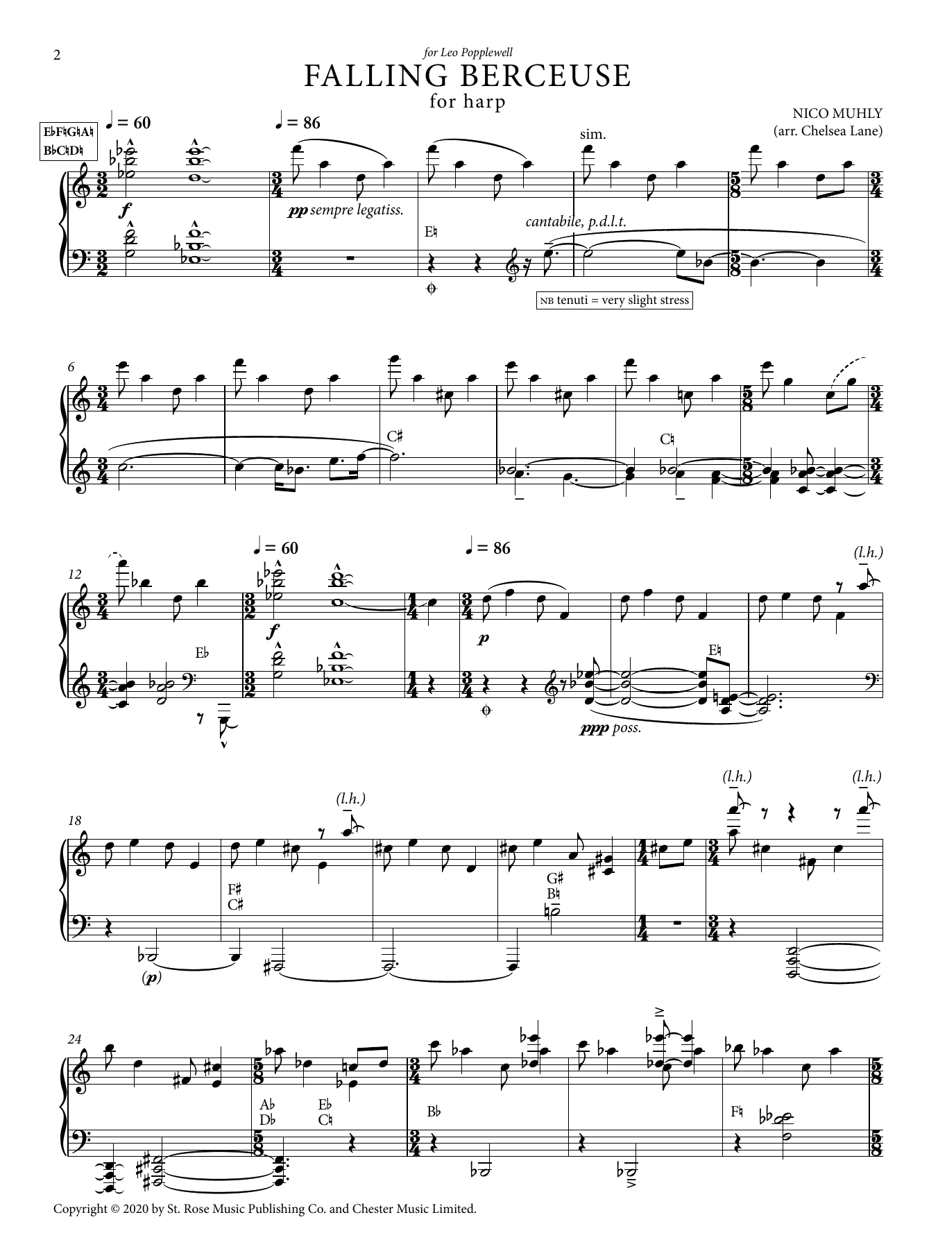 Nico Muly Falling Berceuse And Falling Pairs (Harp version) (arr. Chelsea Lane) sheet music notes and chords arranged for Harp