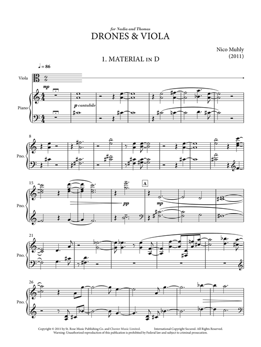 Nico Muhly Drones And Viola (for solo viola and piano) sheet music notes and chords arranged for Viola Solo