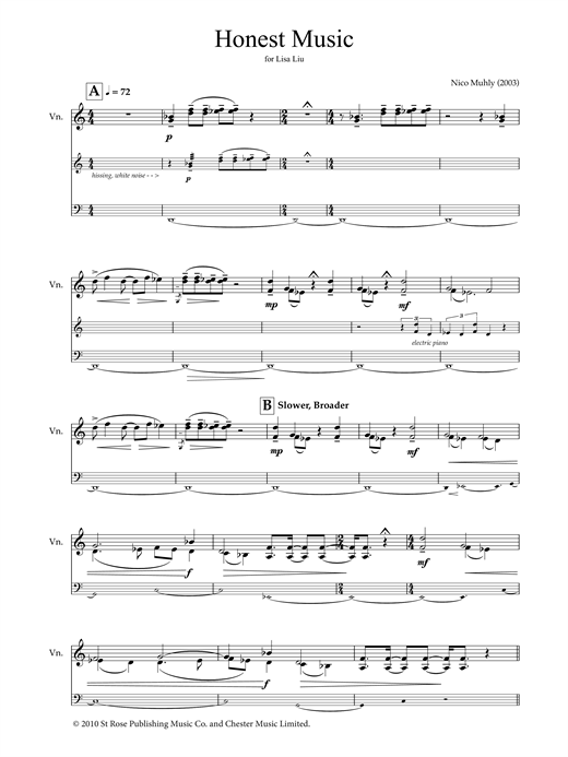 Nico Muhly Honest Music (for violin and electronics) sheet music notes and chords arranged for Violin Solo