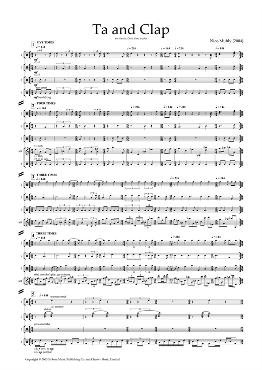 Nico Muhly Ta and Clap (for percussion ensemble) sheet music notes and chords arranged for Percussion Solo