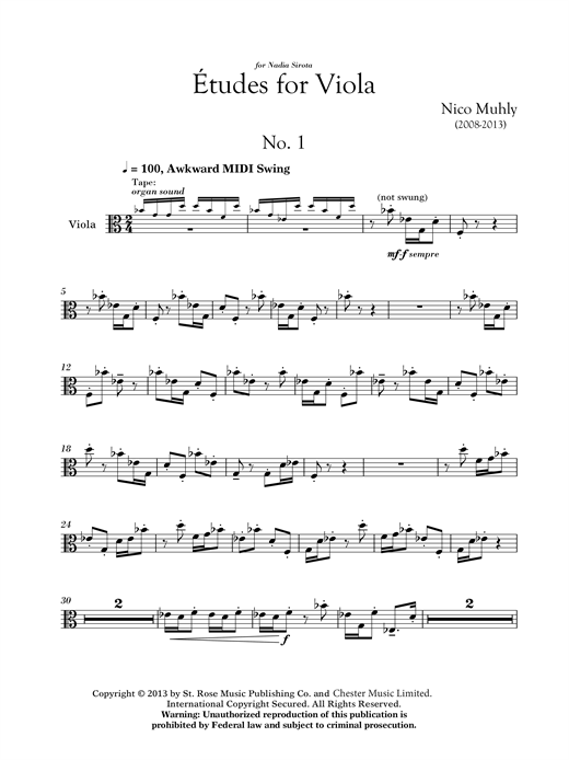Nico Muhly Three Etudes For Viola sheet music notes and chords arranged for Viola Solo