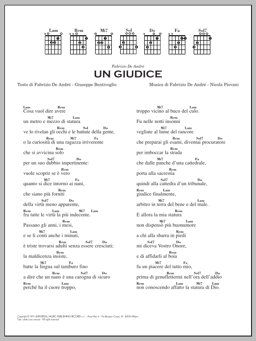 Nicola Piovani Un Giudice sheet music notes and chords arranged for Piano, Vocal & Guitar Chords (Right-Hand Melody)