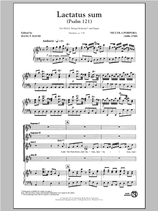 Nicola Porpora Laetatus Sum (Psalm 121) sheet music notes and chords arranged for SSA Choir