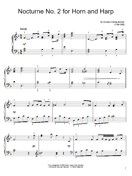 Robert Nicolas-Charles Bochsa Nocture No. 2 for Horn and Harp sheet music notes and chords arranged for Easy Piano