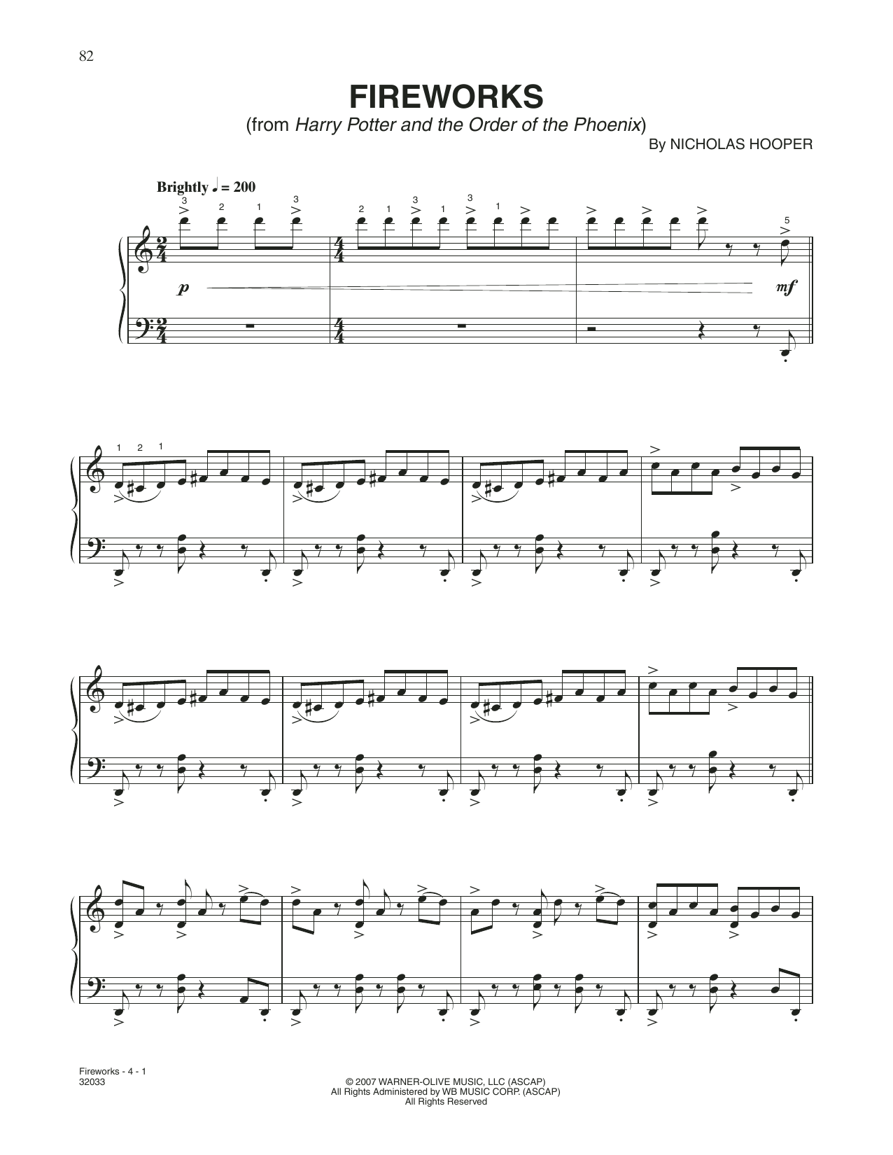 Nicolas Hooper Fireworks (from Harry Potter And The Order Of The Phoenix) sheet music notes and chords arranged for Piano Solo