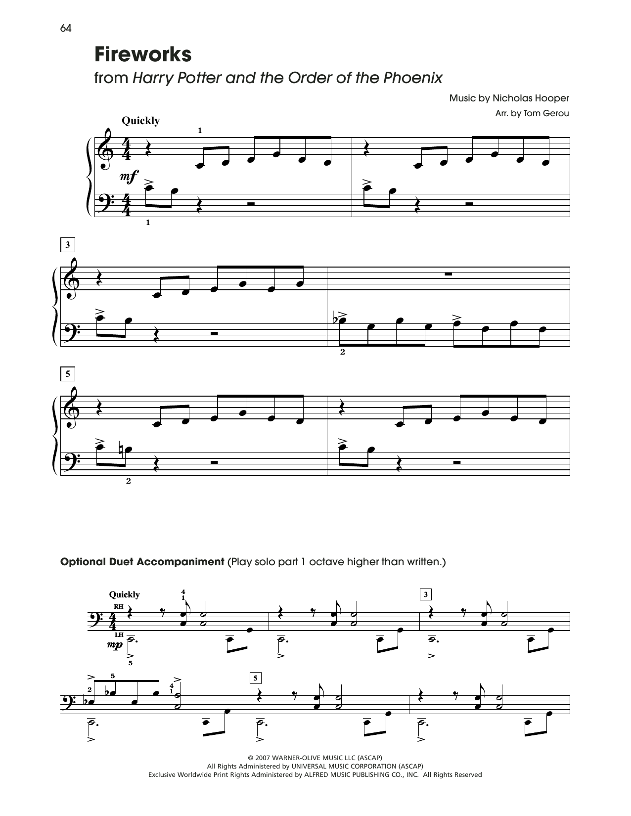 Nicolas Hooper Fireworks (from Harry Potter) (arr. Tom Gerou) sheet music notes and chords arranged for 5-Finger Piano
