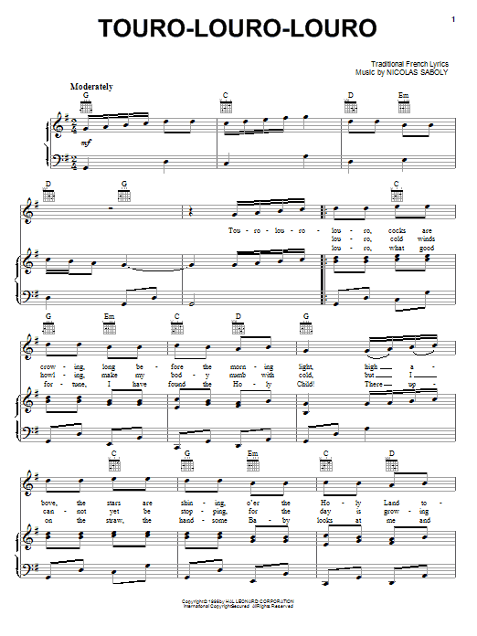 Nicolas Saboly Touro-Louro-Louro sheet music notes and chords arranged for Piano, Vocal & Guitar Chords (Right-Hand Melody)