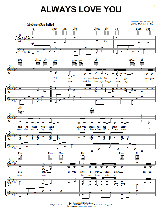 Nicole C. Mullen Always Love You sheet music notes and chords arranged for Piano, Vocal & Guitar Chords (Right-Hand Melody)