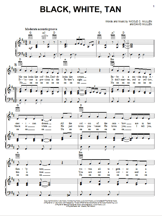 Nicole C. Mullen Black, White, Tan sheet music notes and chords arranged for Piano, Vocal & Guitar Chords (Right-Hand Melody)