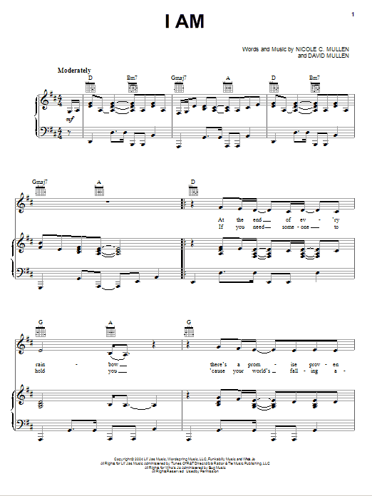 Nicole C. Mullen I Am sheet music notes and chords arranged for Piano, Vocal & Guitar Chords (Right-Hand Melody)
