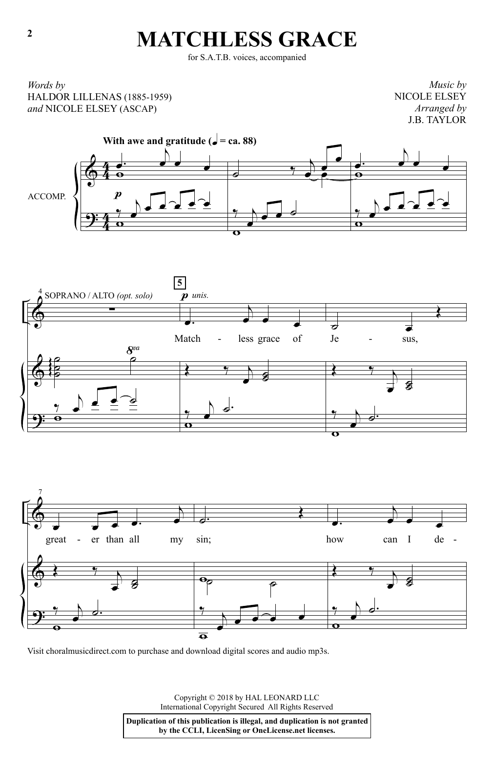 Nicole Elsey Matchless Grace (arr. J.B. Taylor) sheet music notes and chords arranged for SATB Choir