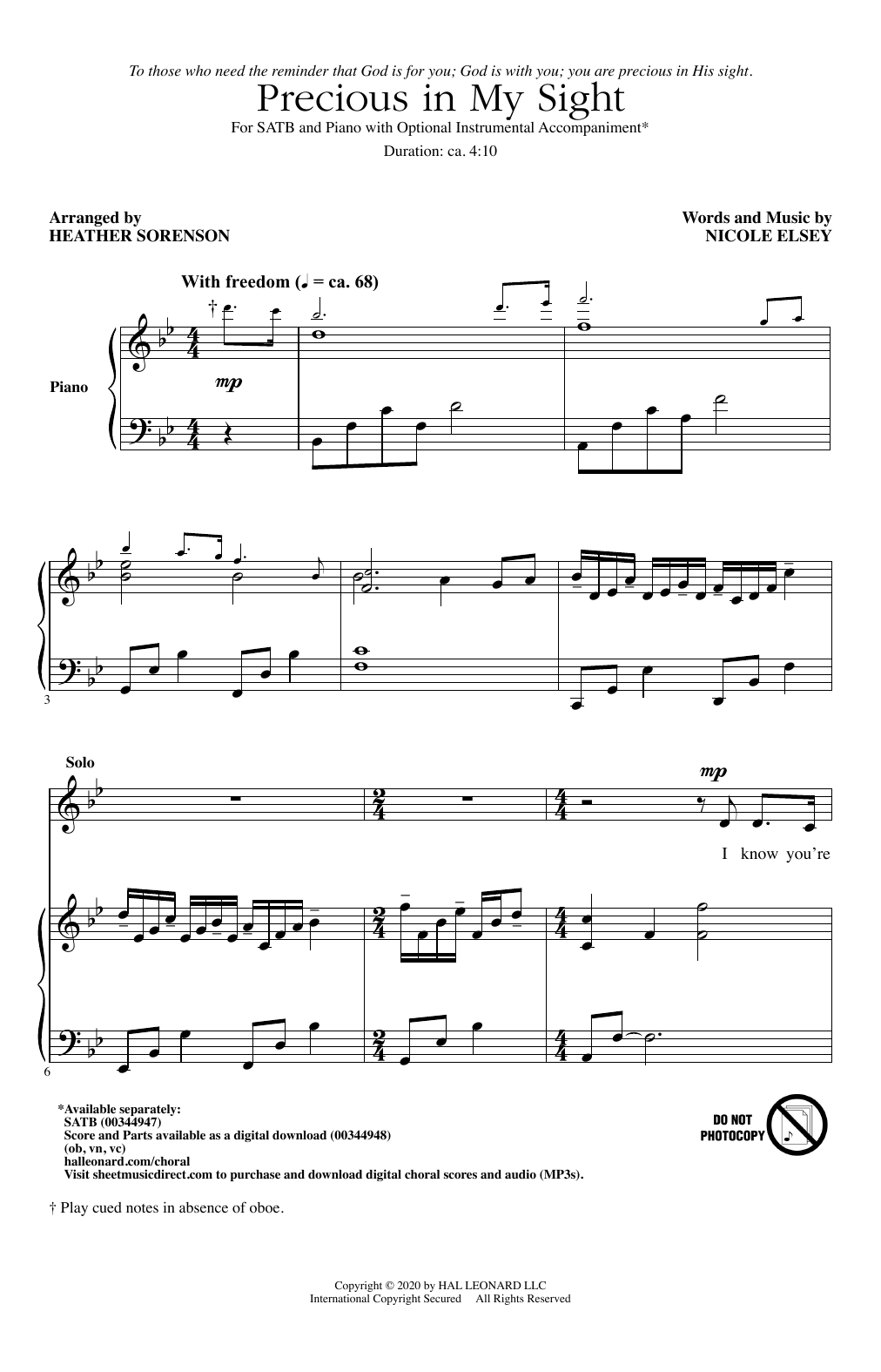 Nicole Elsey Precious In My Sight (arr. Heather Sorenson) sheet music notes and chords arranged for SATB Choir