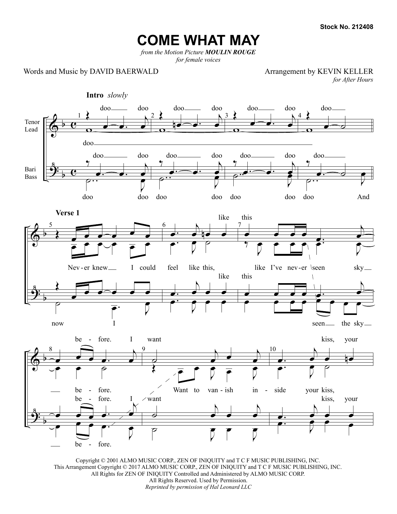 Nicole Kidman & Ewan McGregor Come What May (from Moulin Rouge) (arr. Kevin Keller) sheet music notes and chords arranged for SSAA Choir