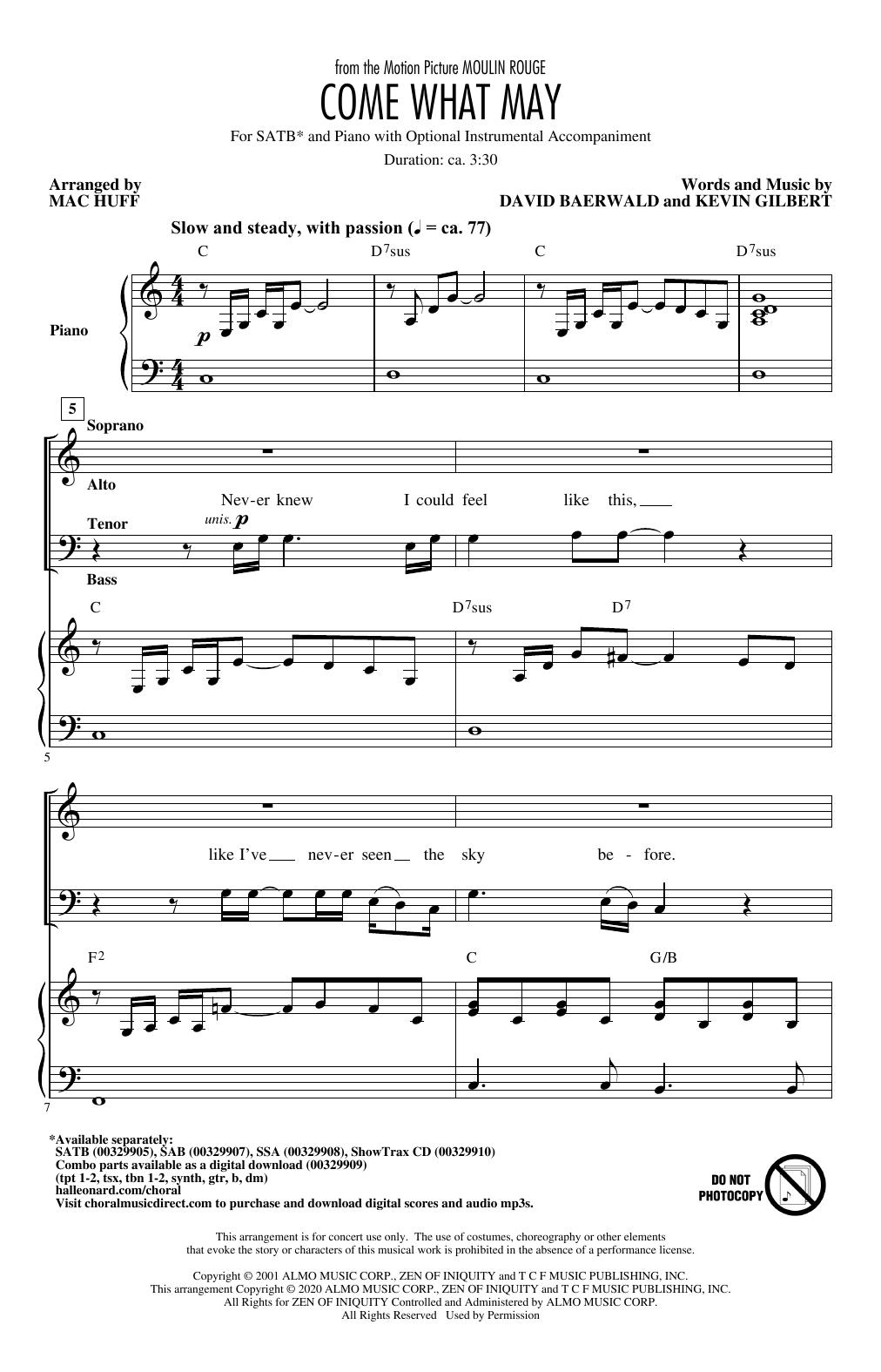 Nicole Kidman & Ewan McGregor Come What May (from Moulin Rouge) (arr. Mac Huff) sheet music notes and chords arranged for SAB Choir