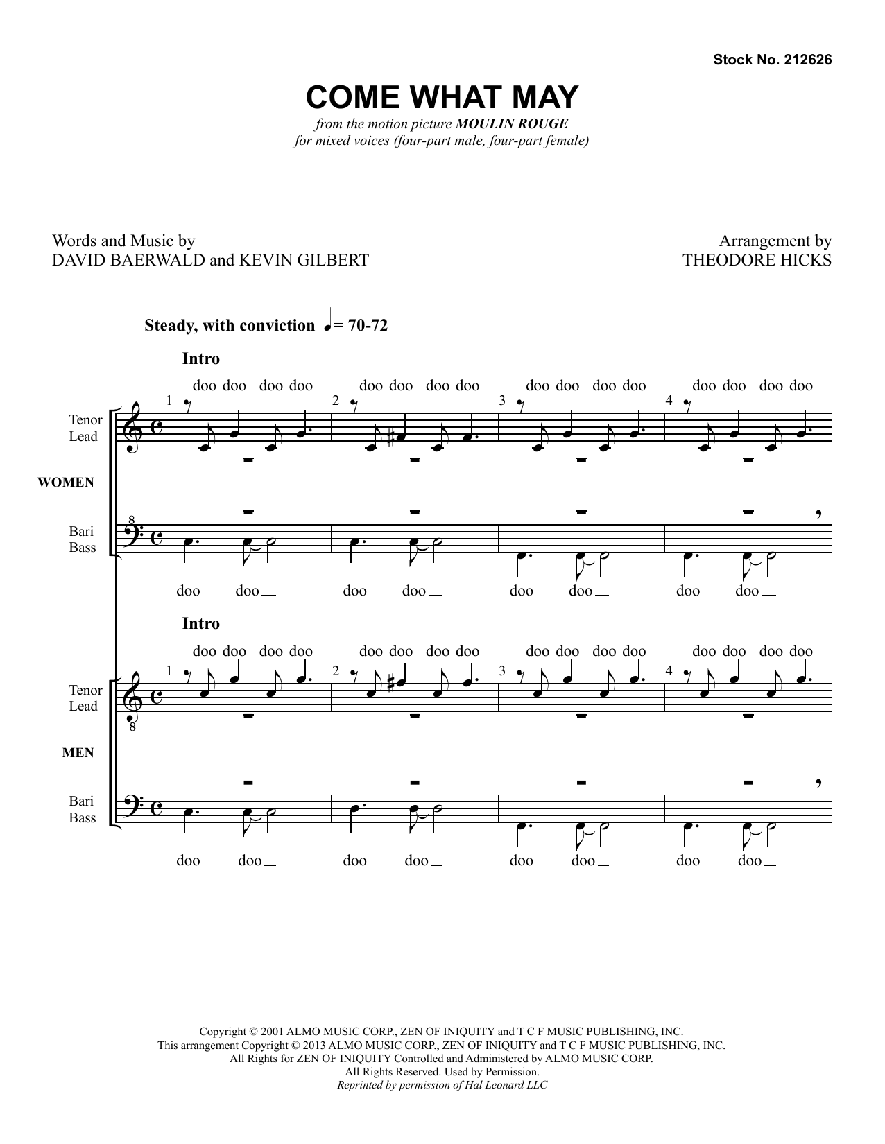 Nicole Kidman & Ewan McGregor Come What May (from Moulin Rouge) (arr. Theodore Hicks) sheet music notes and chords arranged for SSAATTBB Choir