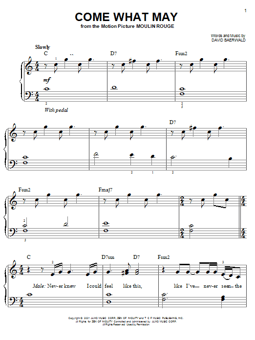 Nicole Kidman & Ewan McGregor Come What May (from Moulin Rouge) sheet music notes and chords arranged for Super Easy Piano