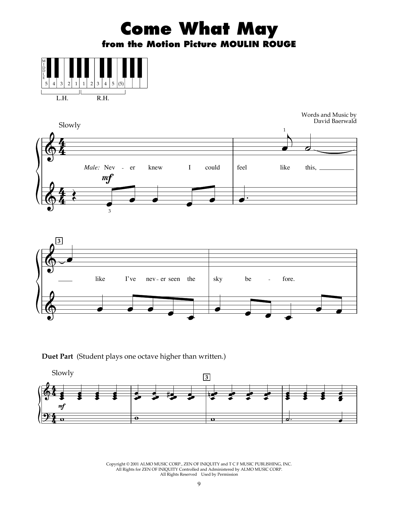 Nicole Kidman and Ewan McGregor Come What May (from Moulin Rouge) sheet music notes and chords arranged for Really Easy Piano