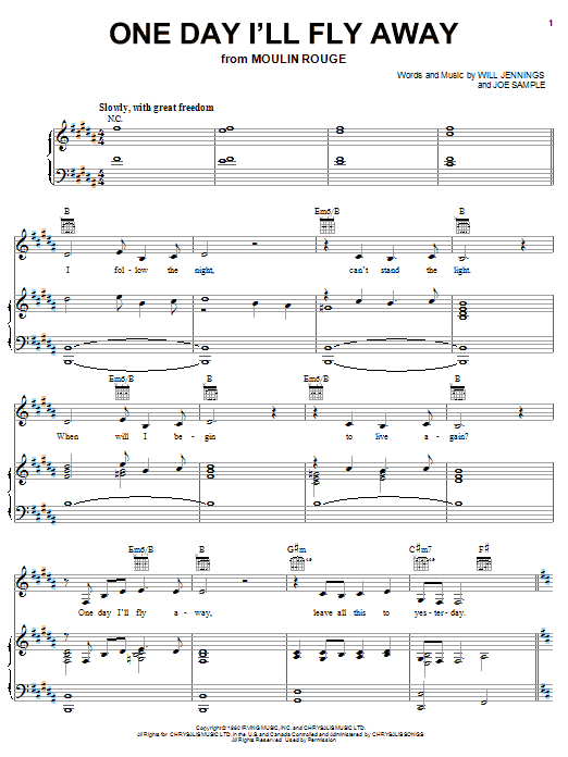 Nicole Kidman One Day I'll Fly Away (from Moulin Rouge) sheet music notes and chords arranged for Piano, Vocal & Guitar Chords (Right-Hand Melody)