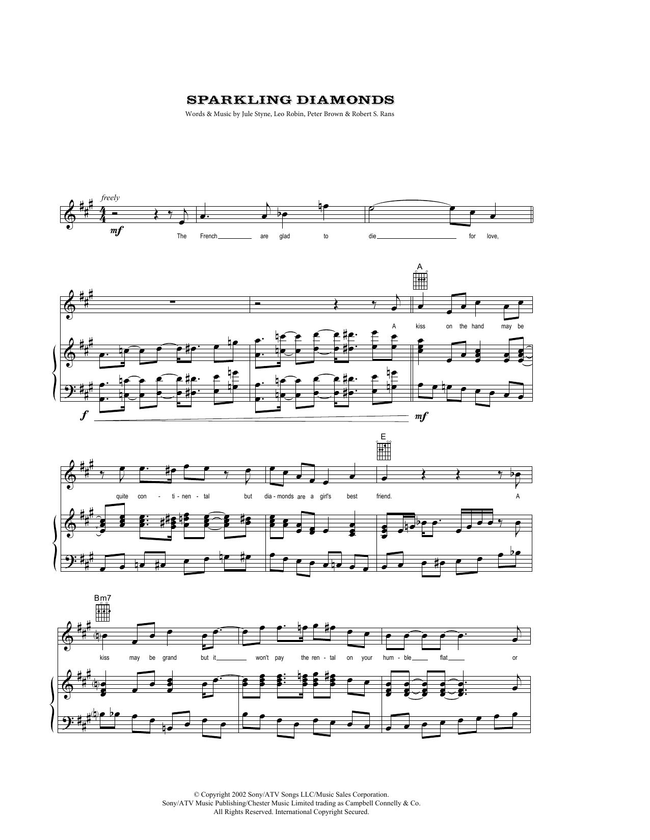 Nicole Kidman Sparkling Diamonds (from Moulin Rouge) sheet music notes and chords arranged for Piano, Vocal & Guitar Chords (Right-Hand Melody)