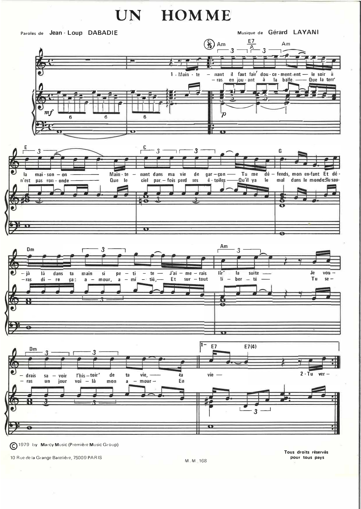Nicoletta Un Homme sheet music notes and chords arranged for Piano & Vocal
