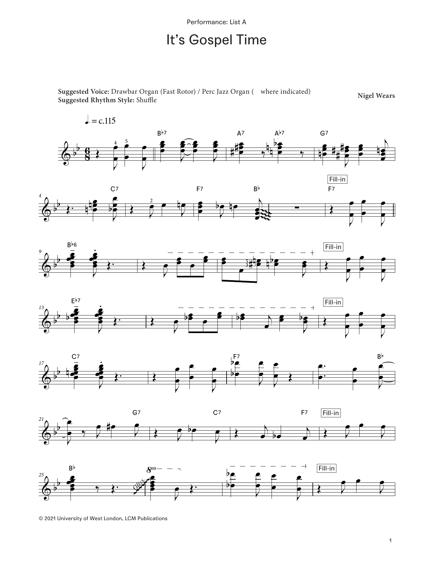 Nigel Wears It's Gospel Time (from LCME Electronic Keyboard Grade 8 List A) sheet music notes and chords arranged for Piano Solo