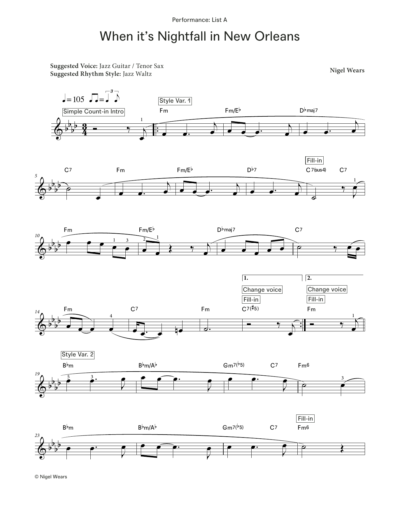 Nigel Wears When It's Nighfall in New Orleans (LCME Electronic Keyboard Grade 6 List A) sheet music notes and chords arranged for Piano Solo