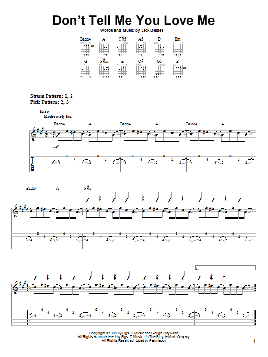 Night Ranger Don't Tell Me You Love Me sheet music notes and chords arranged for Guitar Lead Sheet