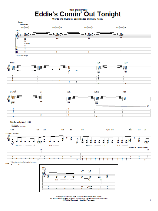 Night Ranger Eddie's Comin' Out Tonight sheet music notes and chords arranged for Guitar Tab