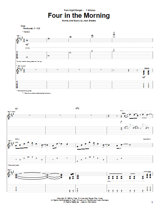 Night Ranger Four In The Morning sheet music notes and chords arranged for Piano, Vocal & Guitar Chords (Right-Hand Melody)
