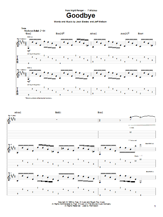 Night Ranger Goodbye sheet music notes and chords arranged for Guitar Tab
