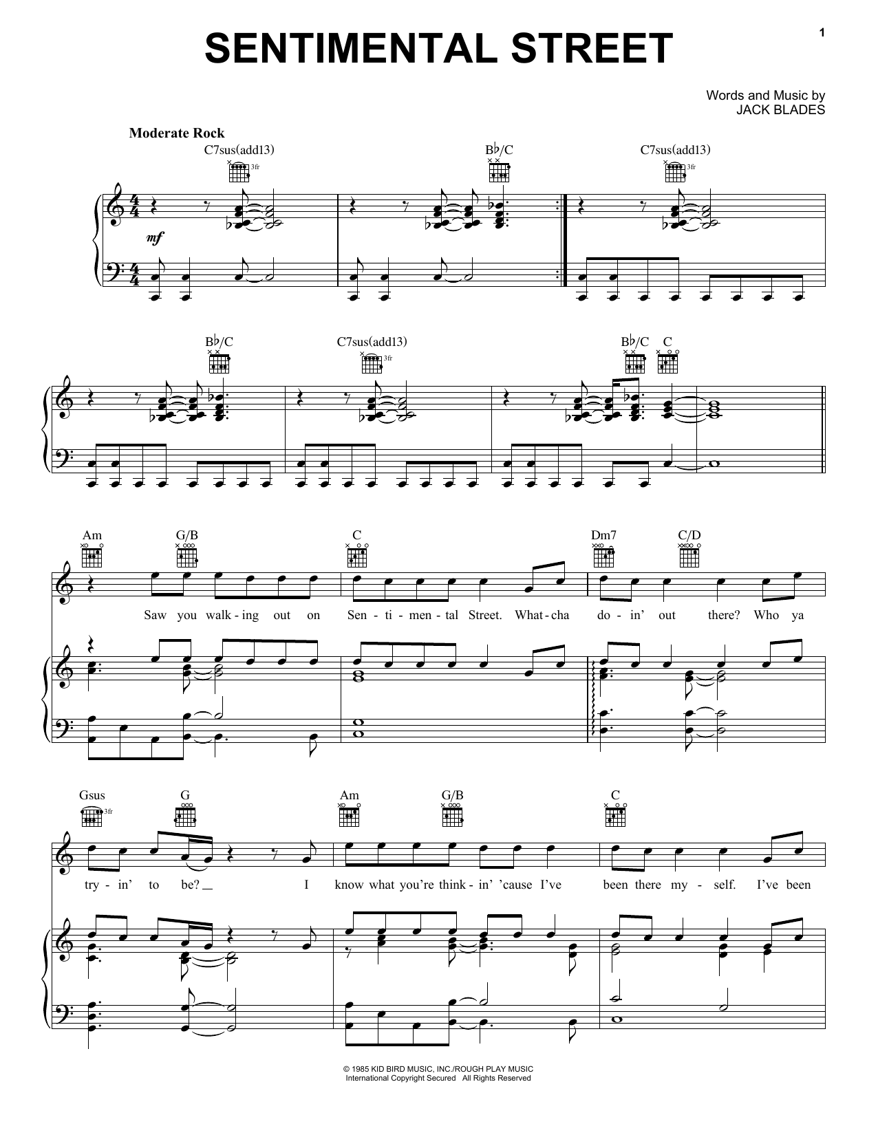 Night Ranger Sentimental Street sheet music notes and chords arranged for Piano, Vocal & Guitar Chords (Right-Hand Melody)