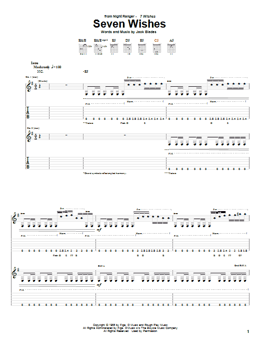 Night Ranger Seven Wishes sheet music notes and chords arranged for Guitar Tab