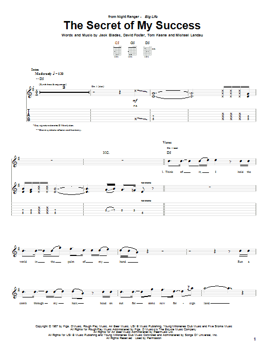 Night Ranger The Secret Of My Success sheet music notes and chords arranged for Guitar Tab