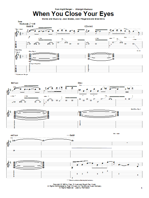 Night Ranger When You Close Your Eyes sheet music notes and chords arranged for Guitar Tab