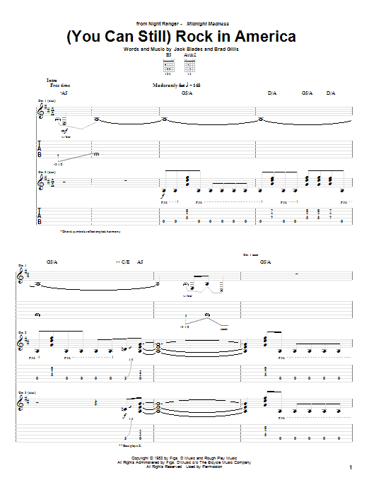 Night Ranger (You Can Still) Rock In America sheet music notes and chords arranged for Guitar Tab